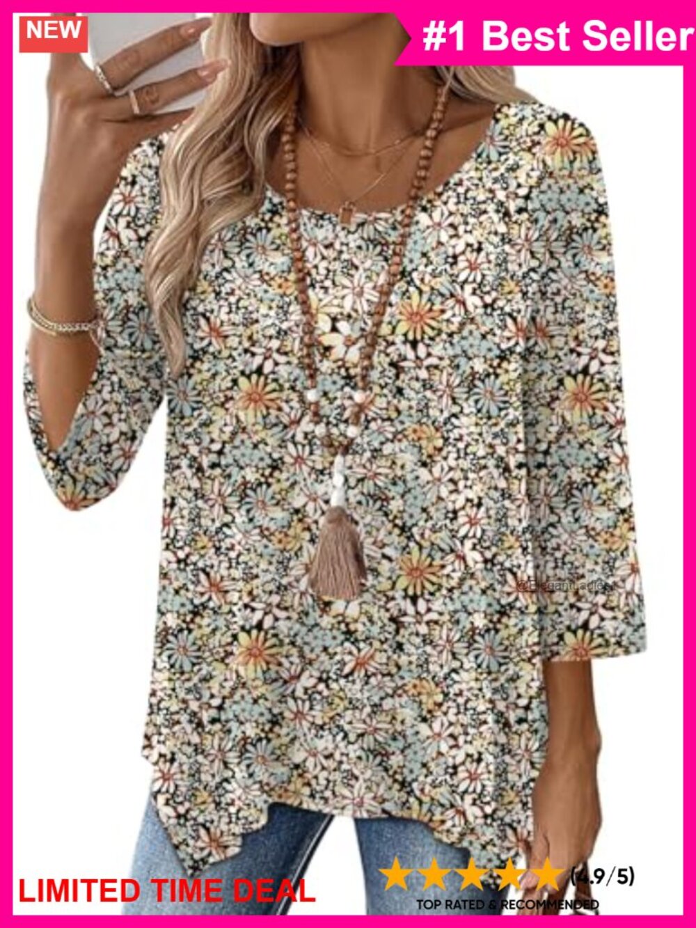 Women's 3/4 Sleeve Tunic Top Loose Fit Floral Blouse Casual Workwear